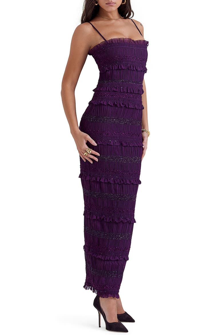 Solana Pleated Ruffle Sequin Body-Con Dress, Alternate, color, DARK PURPLE