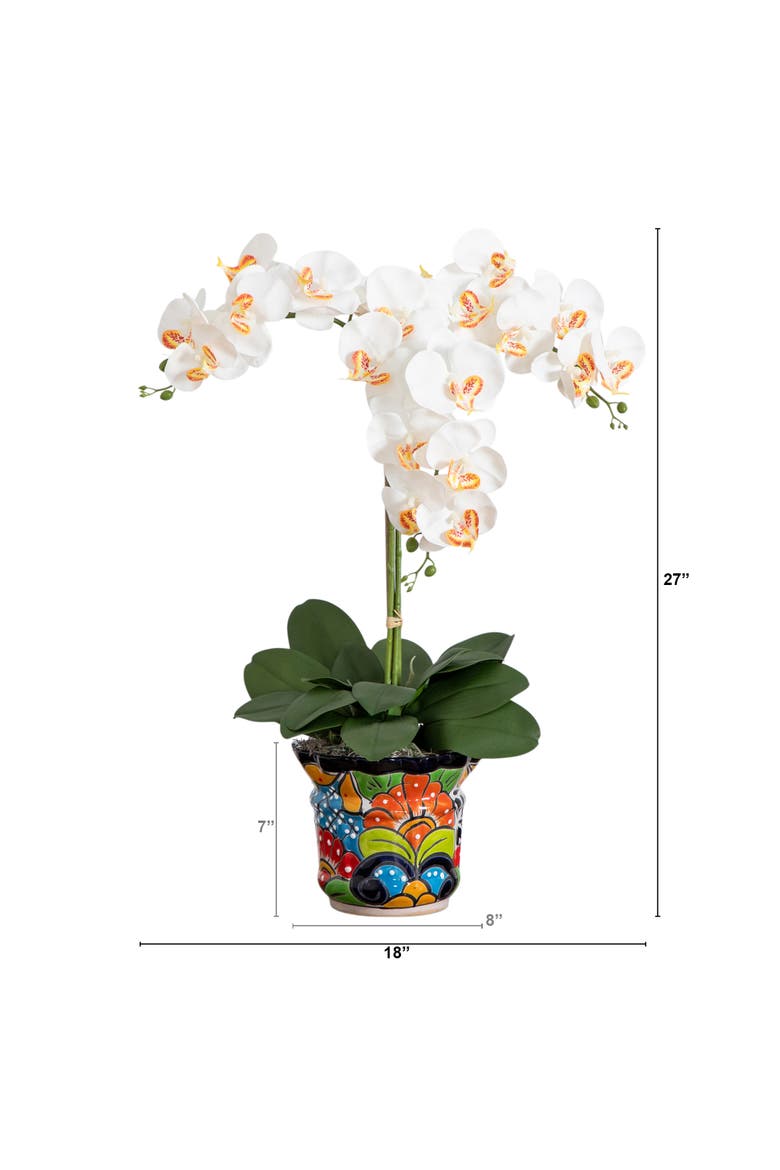 27-in Artificial Triple Orchid Arrangement in Handmade Mexican Talavera Ceramic Planter, Alternate, color, Green