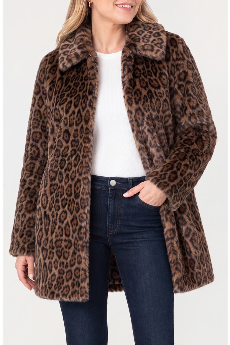 Faux Fur Collared Coat, Main, color, BROWN/ MULTI