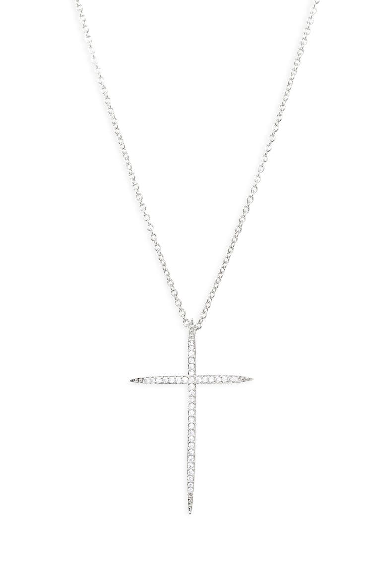 Pavé Cubic Zirconia Cross Pendant Necklace, Main, color, RHODIUM