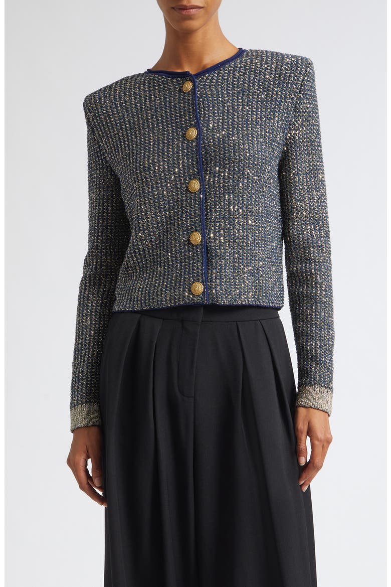 Glitter Fringe Tweed Cardigan, Main, color, SQH NAVY/ MULTI