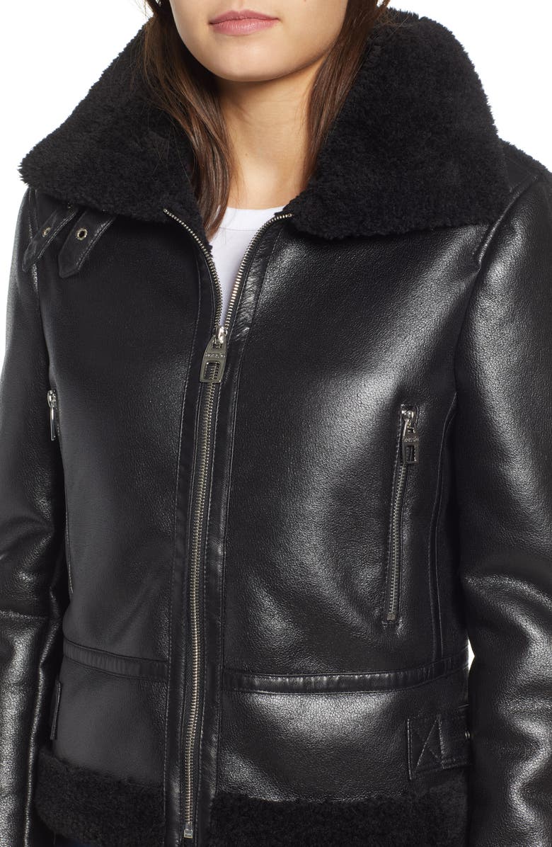 Kensie Faux Leather Moto Jacket with Faux Shearling Trim, Alternate, color,