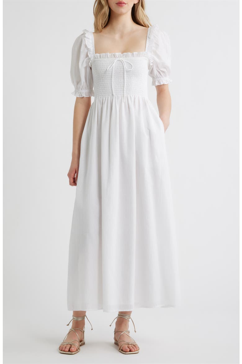 white puff midi dress Clo Puff Sleeve Midi Dress - White Broderie