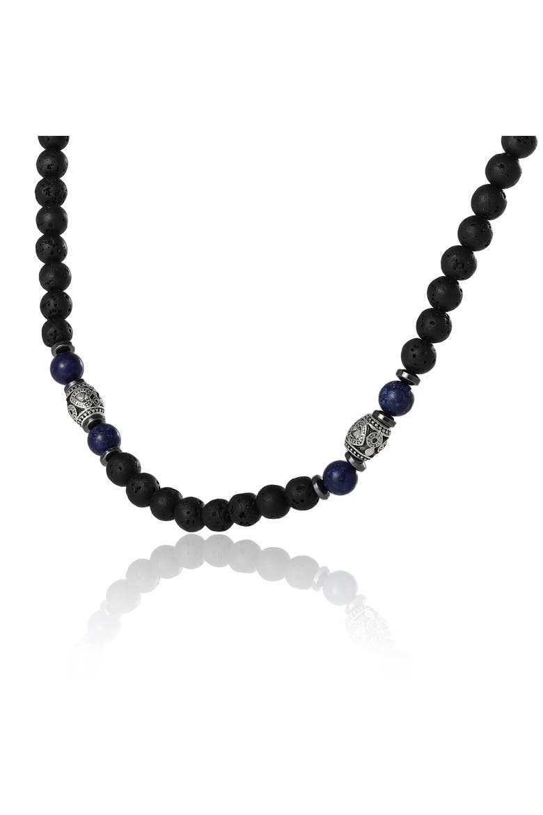 Men's Lava Rock & Lapis Beaded Necklace, Silver-Tone Barrel Accents, 22", Alternate, color, Black