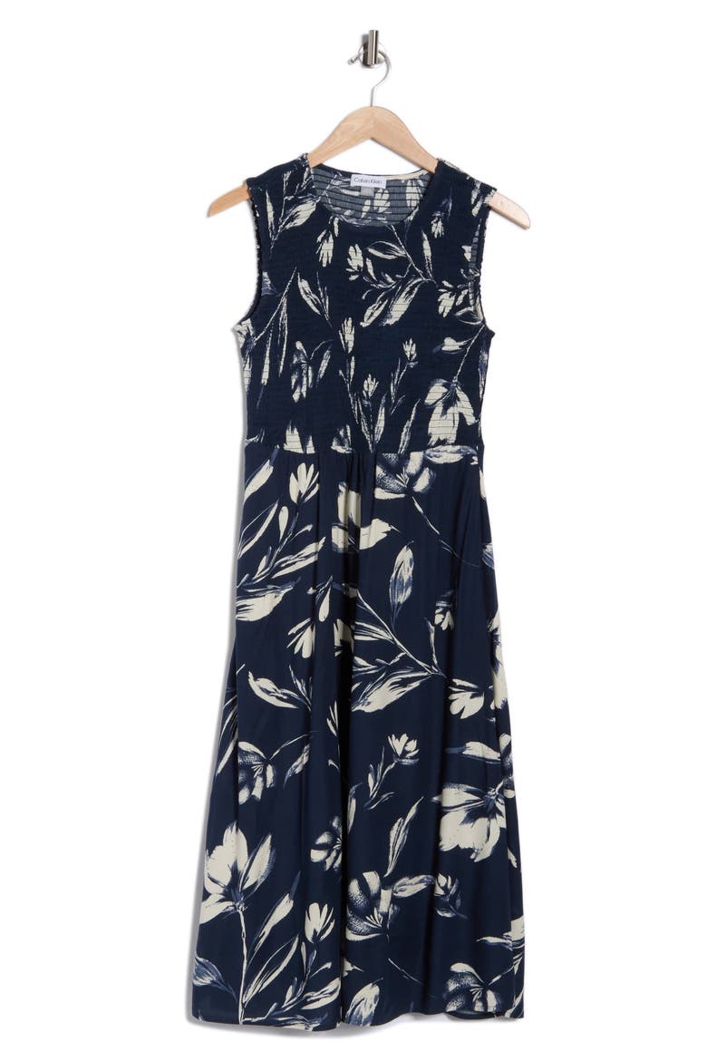 Smocked Sleeveless Fit & Flare Midi Dress, Alternate, color, INDIGO MULTI