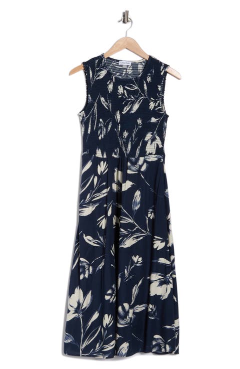 Smocked Sleeveless Fit & Flare Midi Dress