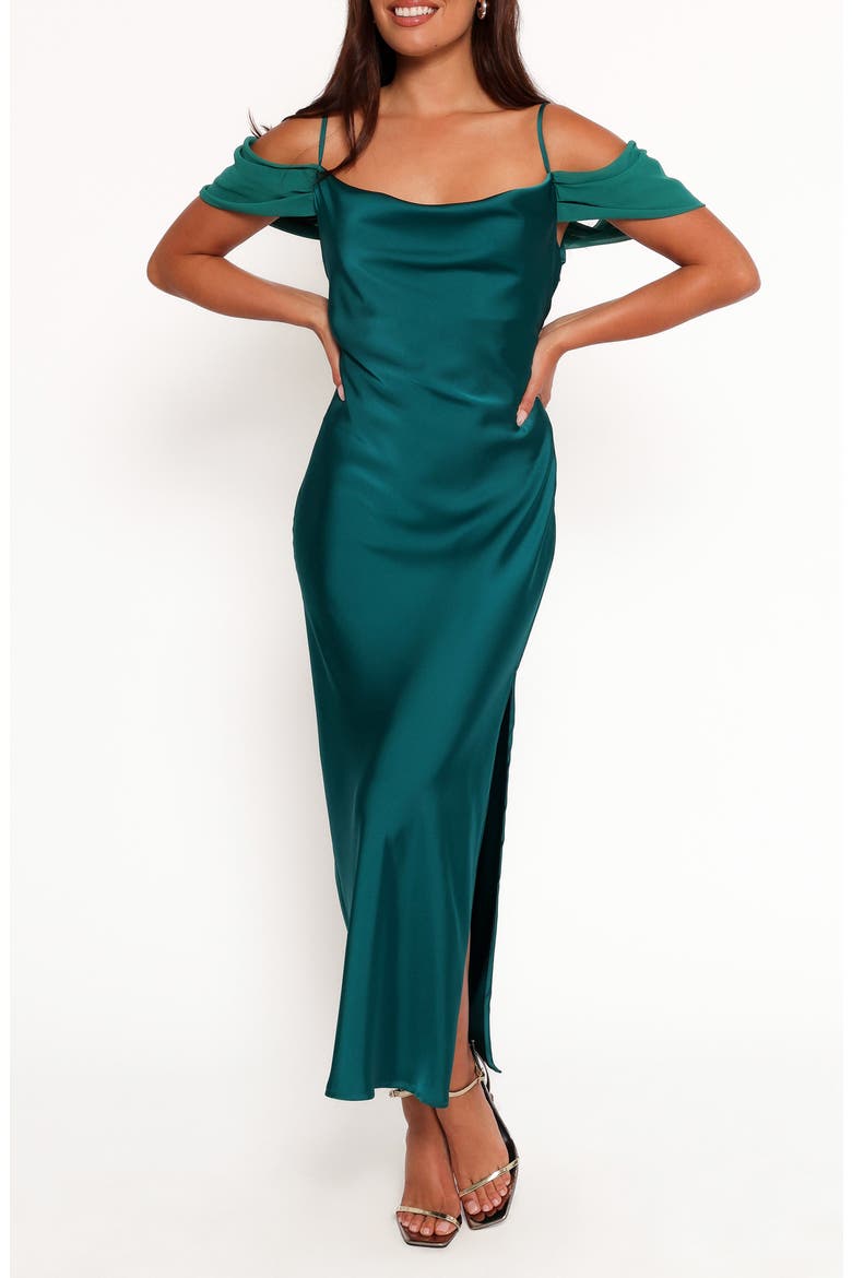 Reyna Off the Shoulder Satin Maxi Dress, Main, color, EMERALD GREEN