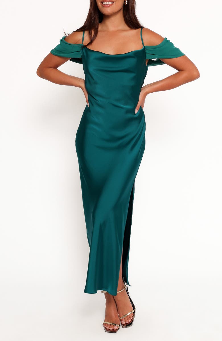 Petal & Pup Reyna Off the Shoulder Satin Maxi Dress, Main, color, Emerald Green