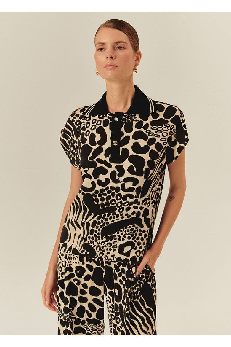 Brinley Abstract Print Sleeveless Shirt Collar Blouse, Alternate, color, Black