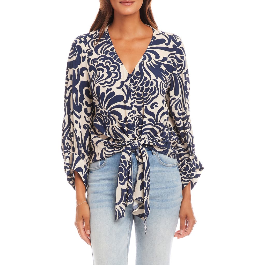 Karen Kane Blouson Sleeve Tie Front Top In Blue Print