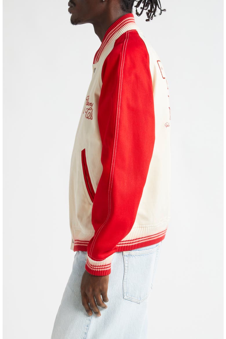 Journey Cotton Twill Varsity Jacket, Alternate, color, SHORTBREAD/ HAUTE RED