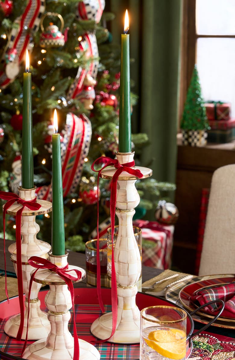 MACKENZIE CHILDS Large Mocha Check Candlestick Holder, Alternate, color, Mocha