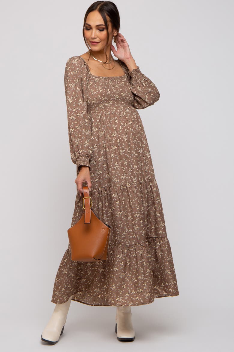Floral Smocked Long Sleeve Maxi Dress, Main, color, Mocha