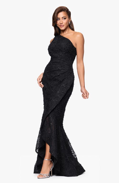 Xscape Evenings Sequin Embroidery One-shoulder High-low Gown In Black