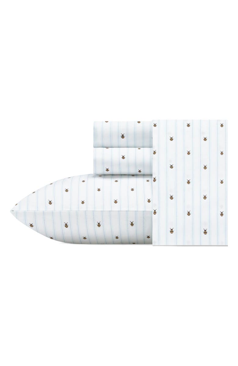 POPPY AND FRITZ Bumble Bee Print 200 Thread Count Cotton Percale Sheet Set, Main, color, White