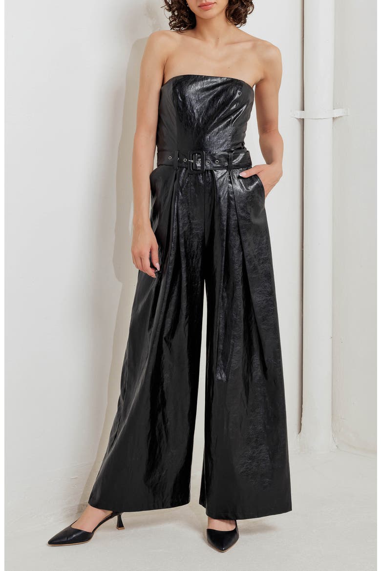 Faux Leather Strapless Belted Jumpsuit, Alternate, color, BLACK