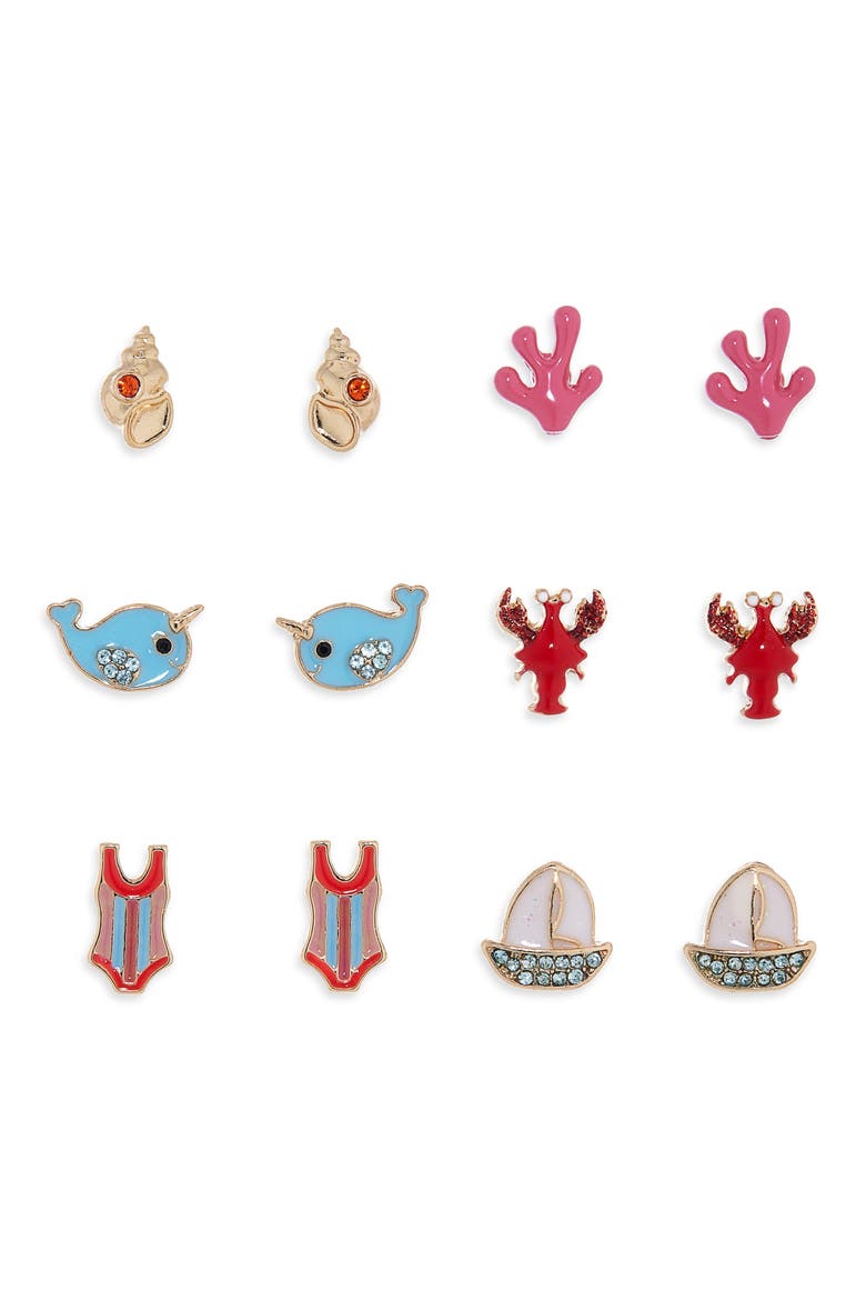 6-Pack Sea Life Assorted Stud Earrings, Main, color, RED MULTI- GOLD