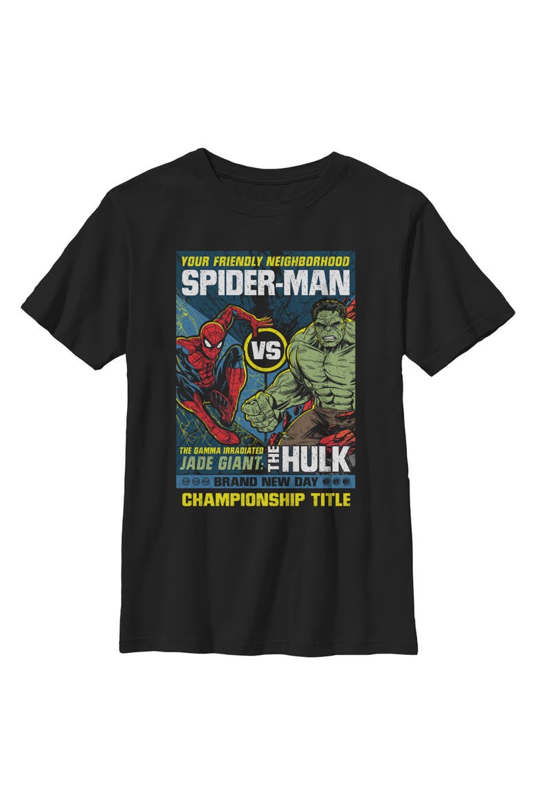 Boy's Spider-Man Brand New Day Friendly Neighborhood vs Hulk  Graphic T-Shirt, Main, color, Black