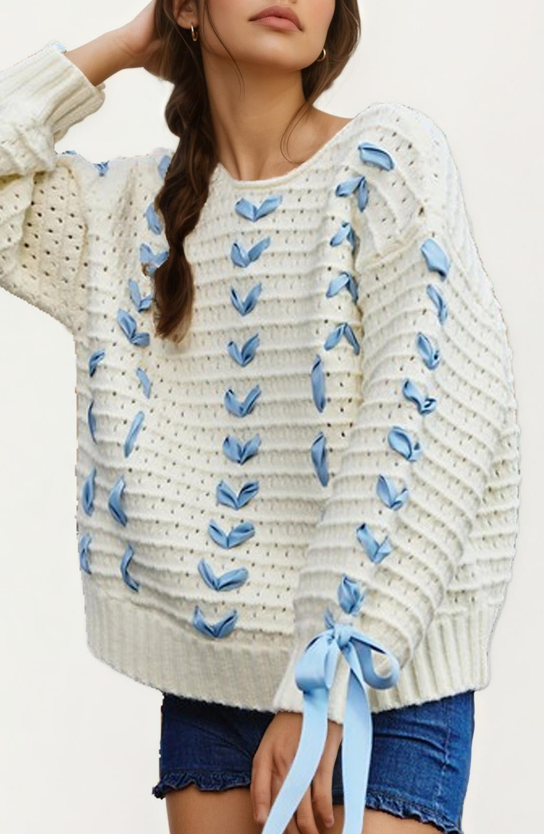 Knit and Lounge Ribbon Tie Crochet Sweater, Alternate, color, Ivory / Blue Ribbon