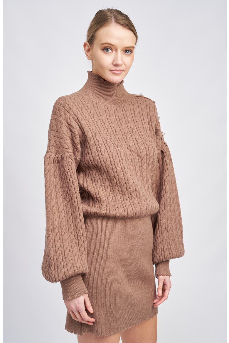 Bettany Button Shoulder Long Sleeve Turtleneck Sweater Minidress, Alternate, color, BROWN