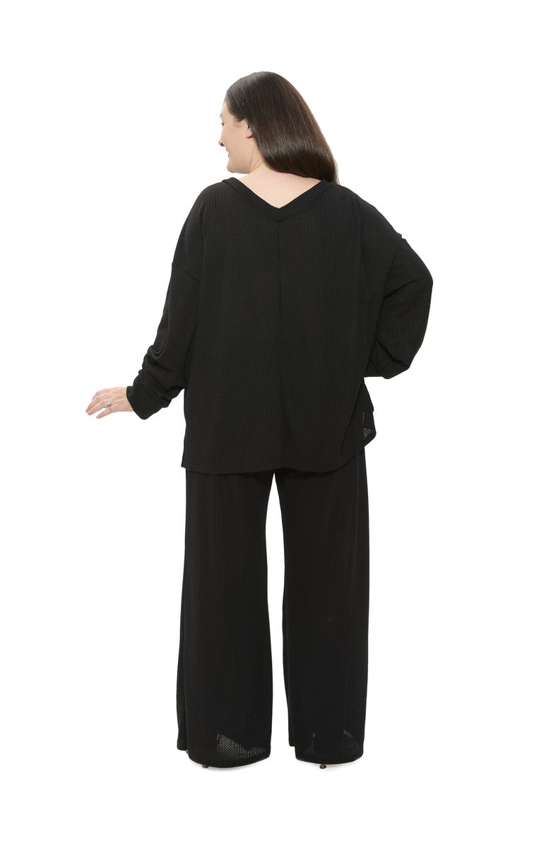 24seven Comfort Apparel Plus Size V Neck Long Sleeve Soft Waffle Knit Top and Pant Set, Alternate, color, Black
