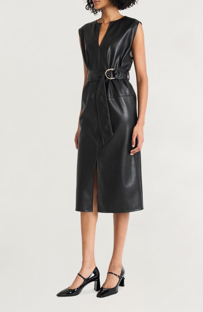 Luxely Faux Leather Belted Midi Dress, Alternate, color, Black