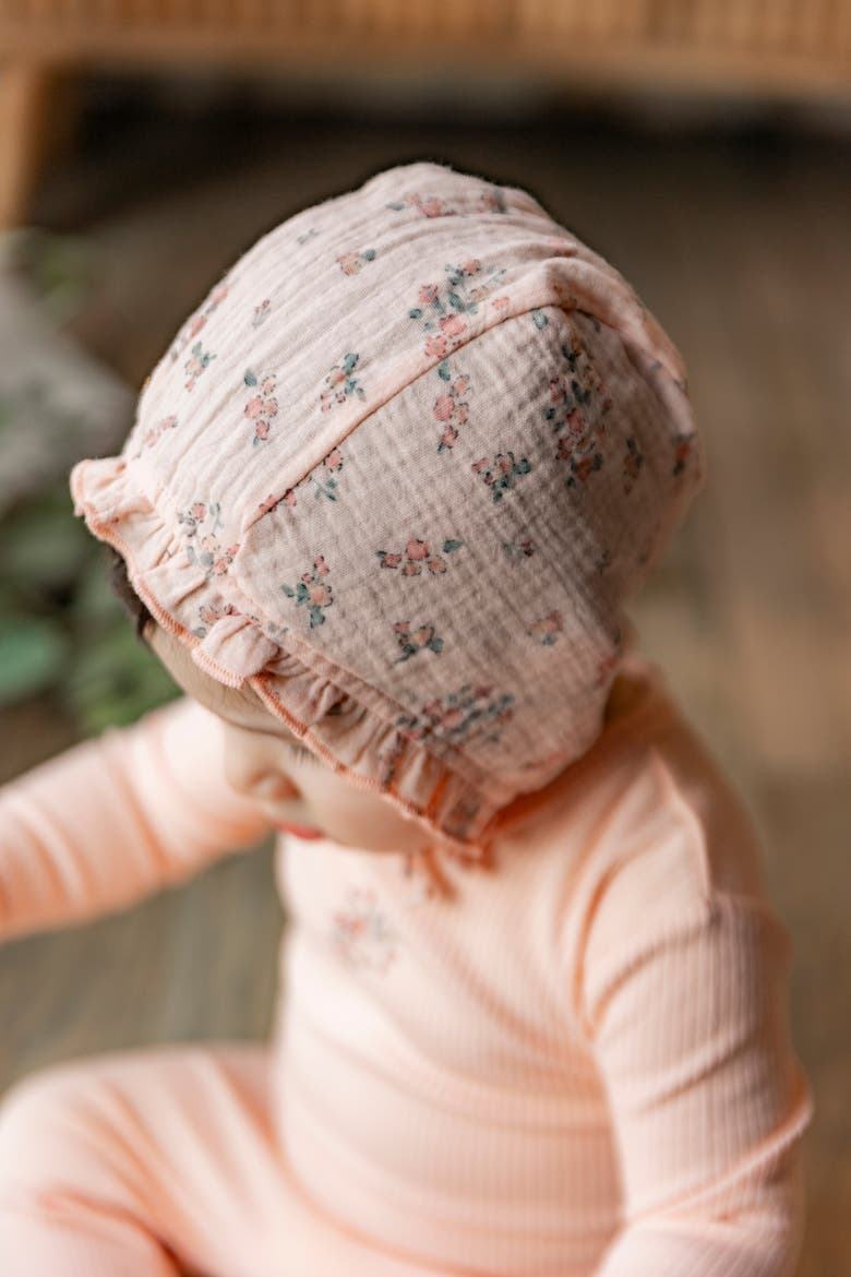 Pointelle Rib Romper and Floral Gauze Bonnet Set, Alternate, color, Pink