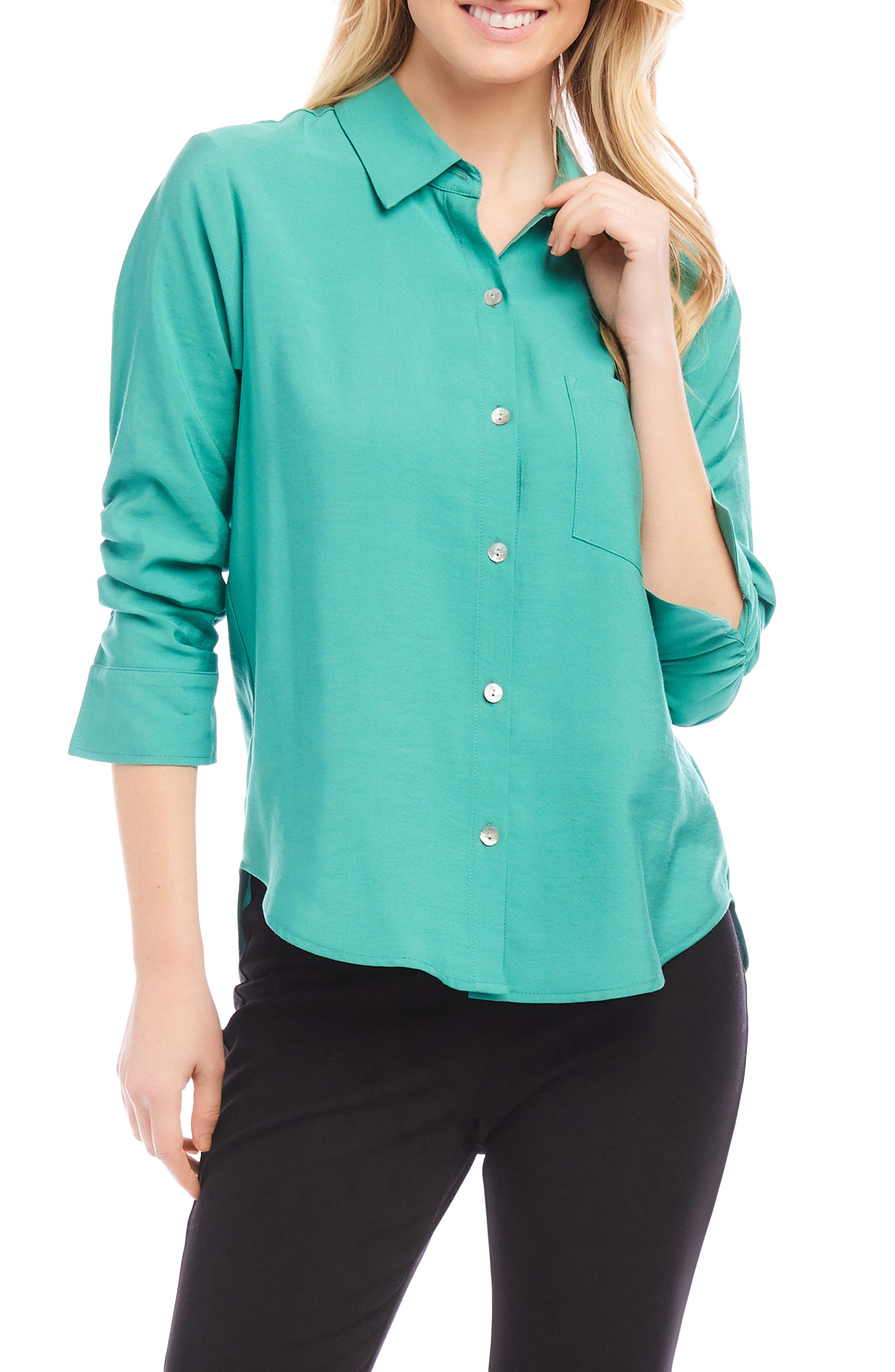 Karen Kane Ruched Sleeve Button-Up Shirt