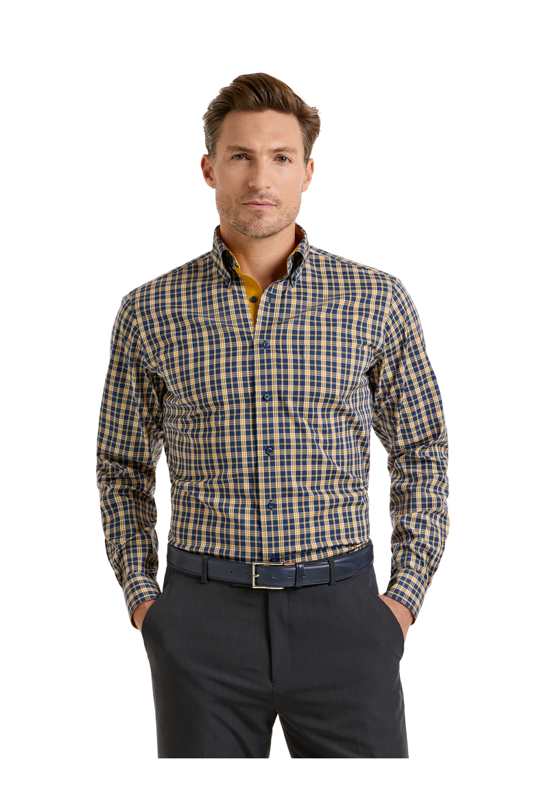 Cotton Spandex Buttondown Collar Pinpoint Tailored Contrast Trim Button Cuff Long Sleeve Shirt, Alternate, color, Navy/Gold