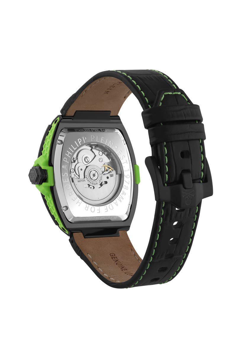 $keleton 2.0 Automatic Leather Strap Watch Men, Alternate, color, black+greenfluo