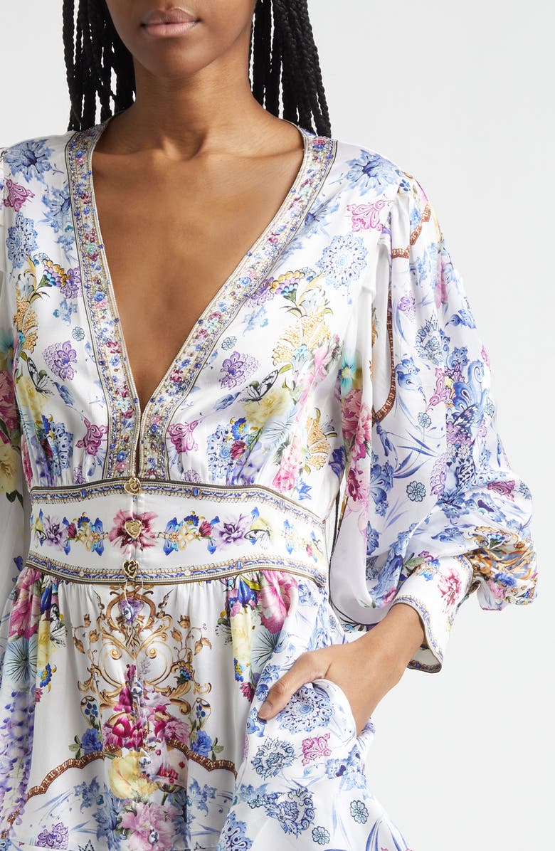 Camilla Floral Long Sleeve Silk Tiered Dress, Alternate, color, All About That Lace