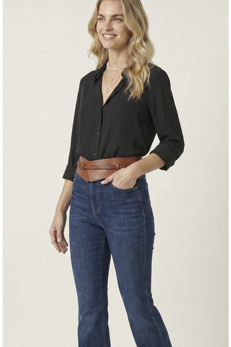 Leather Waist Belt with Layered Strap and Buckle, Alternate, color, Brown