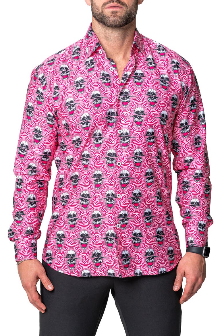 Fibonacci Skull Sonic Regular Fit Cotton Blend Button-Up Shirt, Main, color, RED