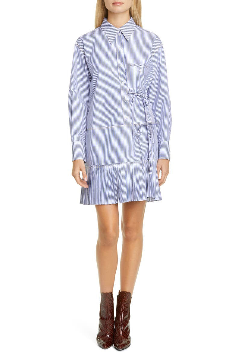 Tie Detail Stripe Long Sleeve Poplin Shirtdress, Main, color, BLUE - WHITE 1