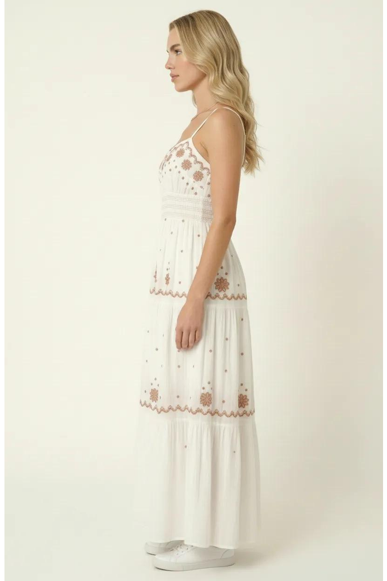 Embroidered Tiered Maxi Dress, Alternate, color, White / Brown Embroidery