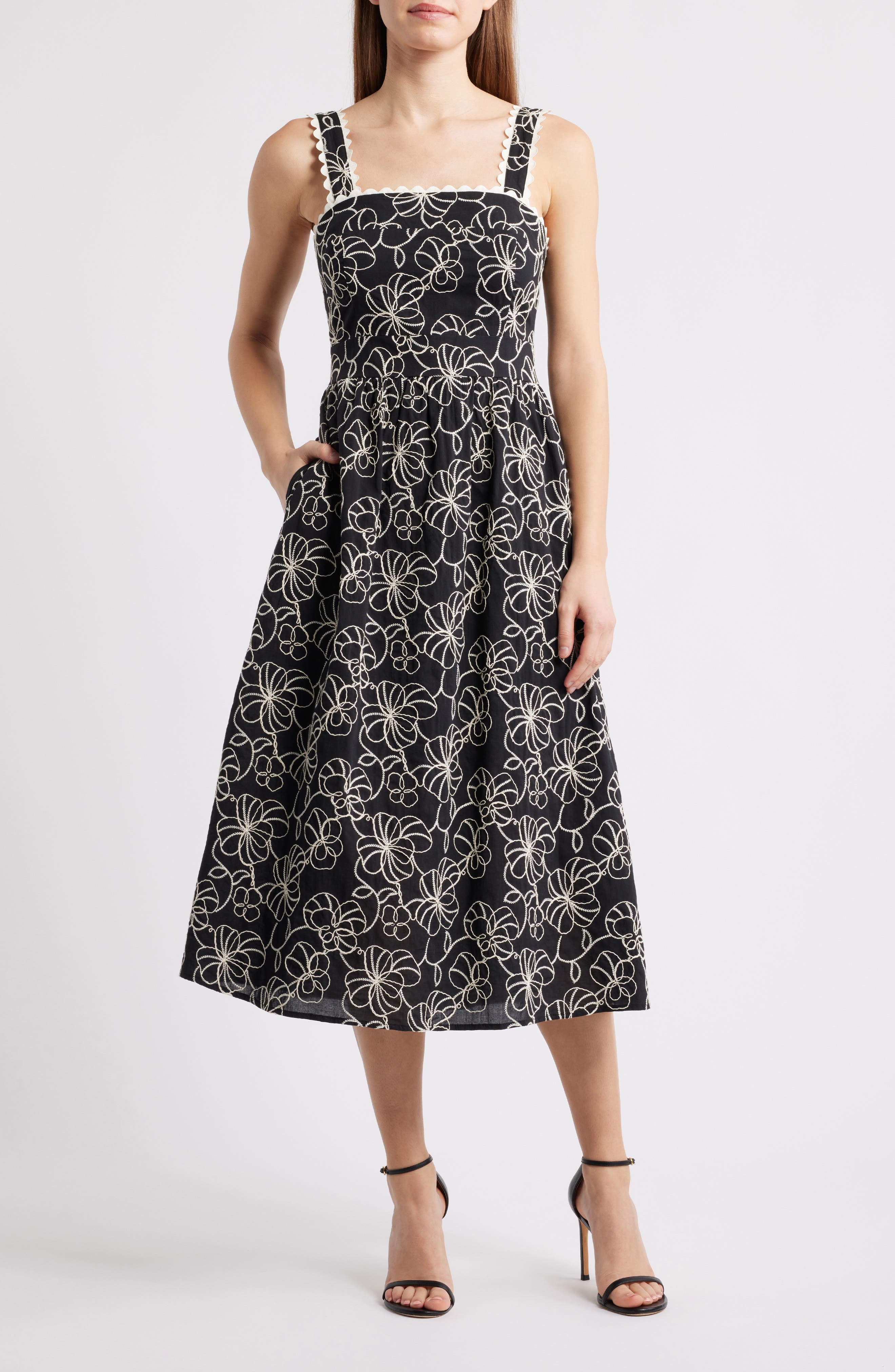 Floral Embroidered Cotton Midi Dress