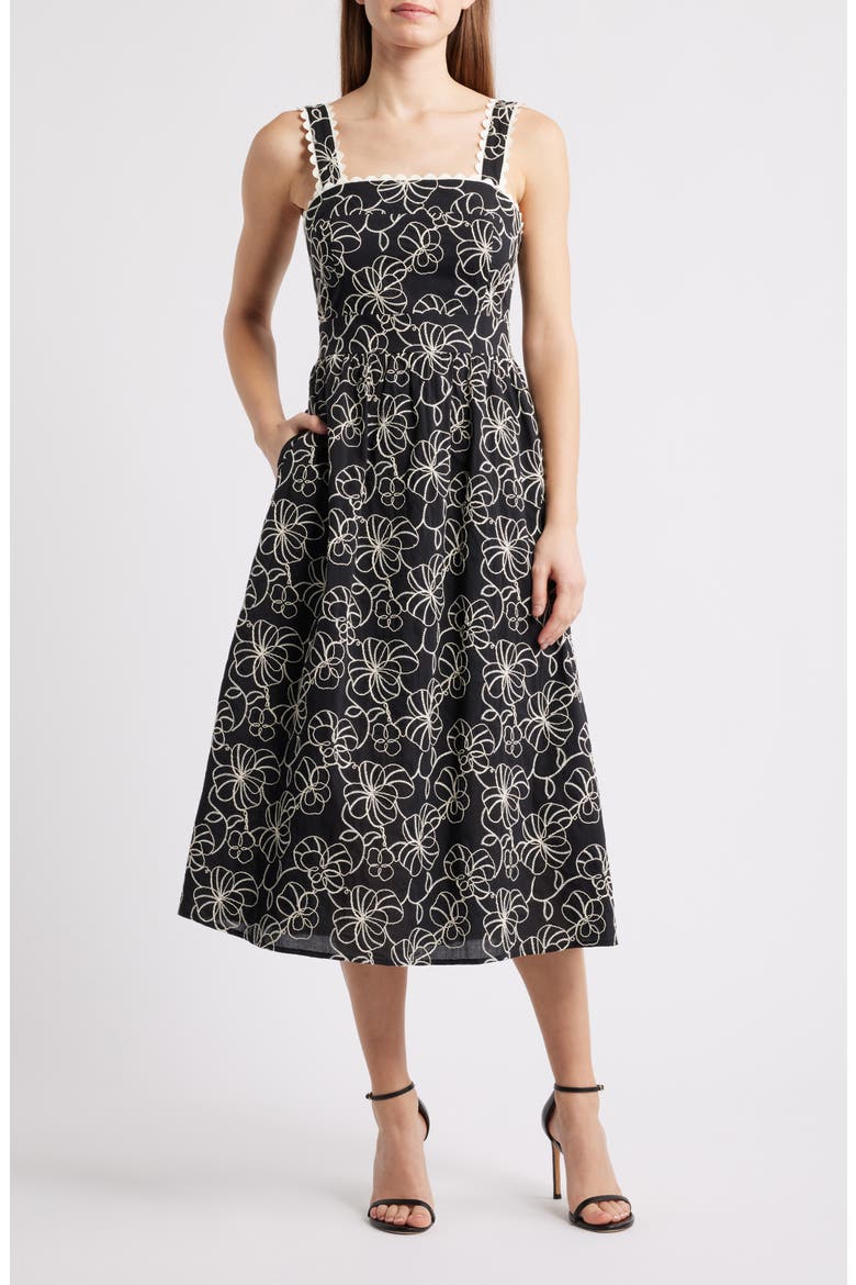 Floral Embroidered Cotton Midi Dress, Main, color, BLACK/ WHITE