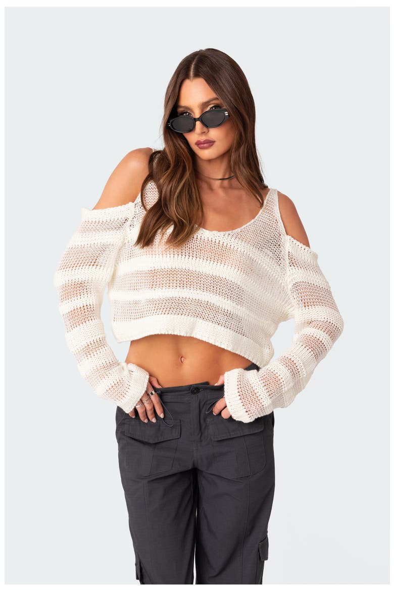 Open Stitch Cold Shoulder Cotton Sweater, Alternate, color, WHITE