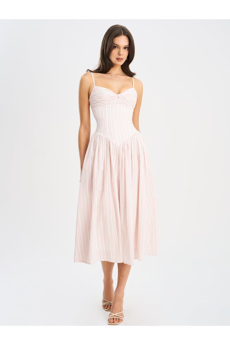 Zania Ruched Breast Cotton Jacquard Midi Dress, Alternate, color, Pink and white stripe