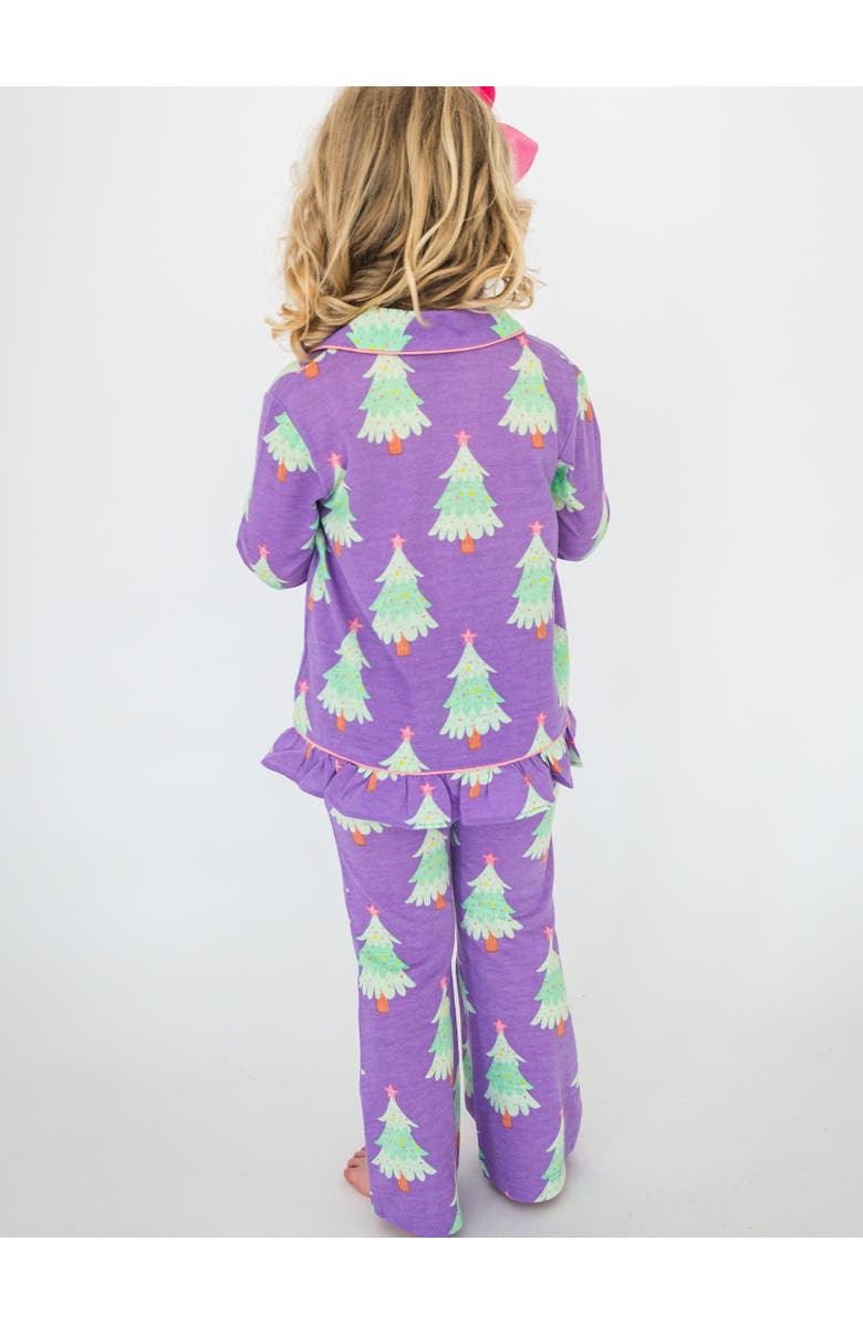 RuffleButts Holiday Ruffle Flare Pajama Set, Alternate, color, Purple Twinkling Trees