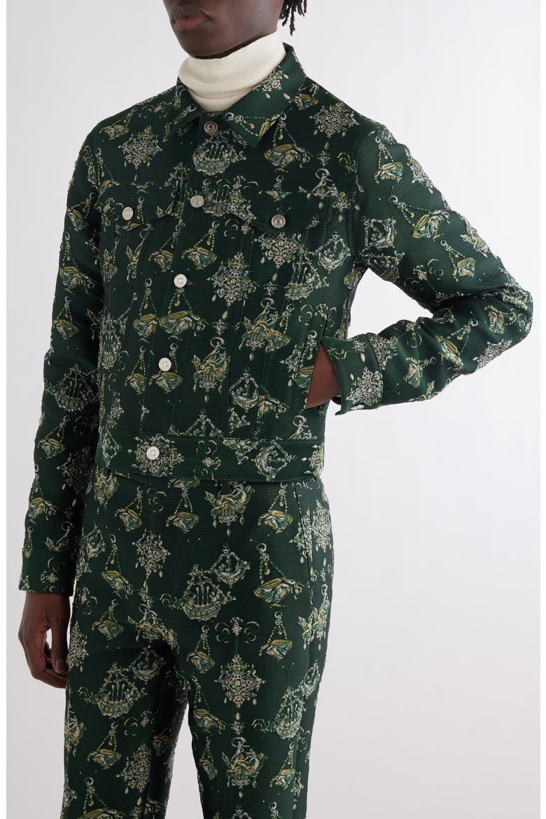 Jacquard Skinny Fit Trucker Jacket, Alternate, color, DARK GREEN