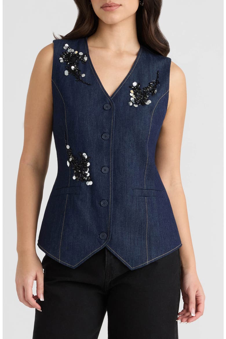 Embellished Denim Vest, Main, color, DARK DENIM