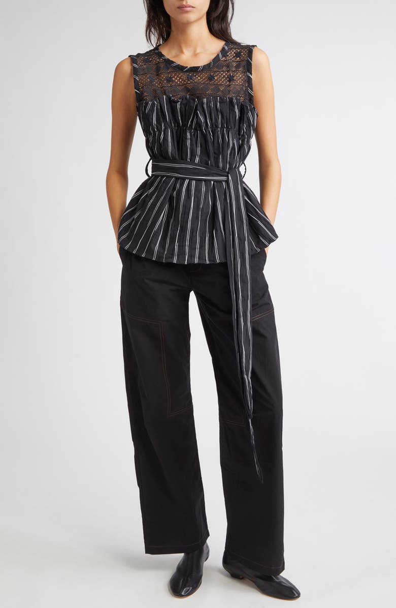 KÚR Bobbin Lace Yoke Stripe Belted Top, Alternate, color, Black Multi