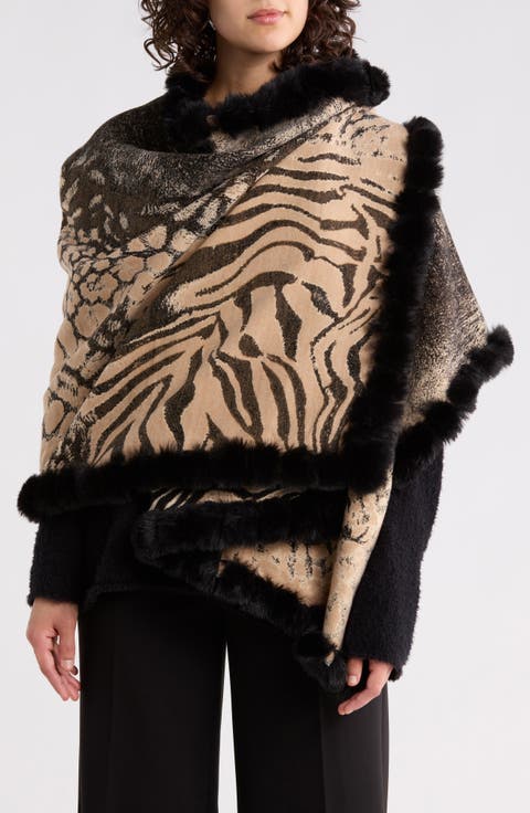 Faux Fur Trim Animal Print Ruana