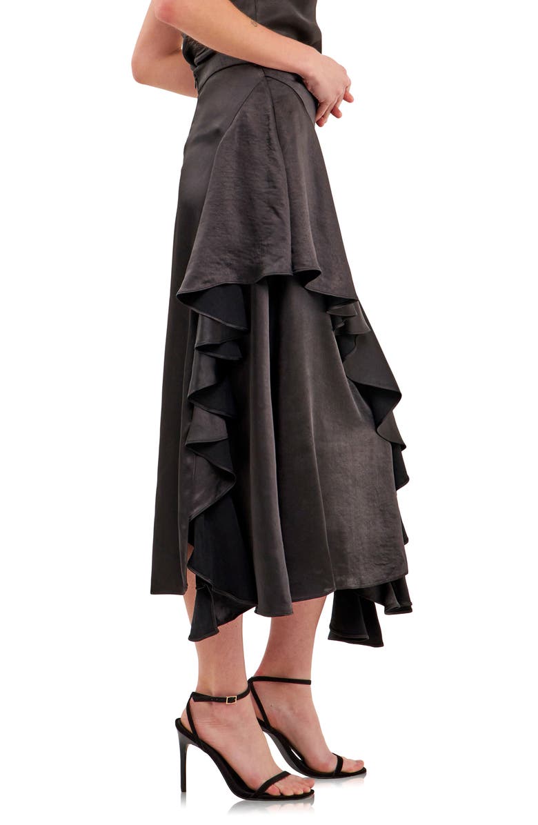 Endless Rose Waterfall Ruffle Satin Maxi Skirt, Alternate, color, Black