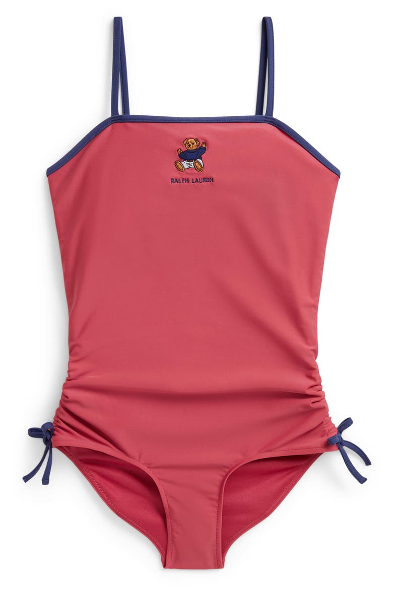 Kids' Bear Embroidered One-Piece Swimsuit, Main, color, NANTUCKET RED MULTI