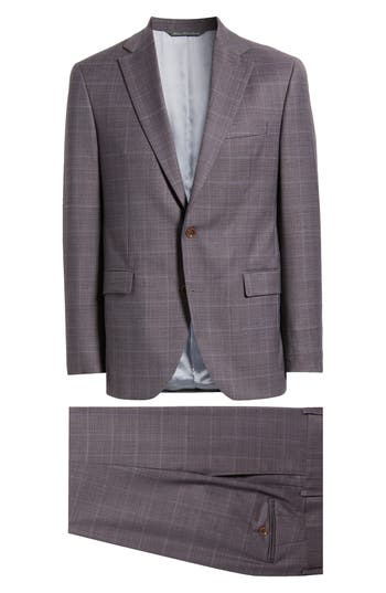Jack Victor Esprit Regular Fit Burgundy Plaid Super 120s Wool Suit In Gray