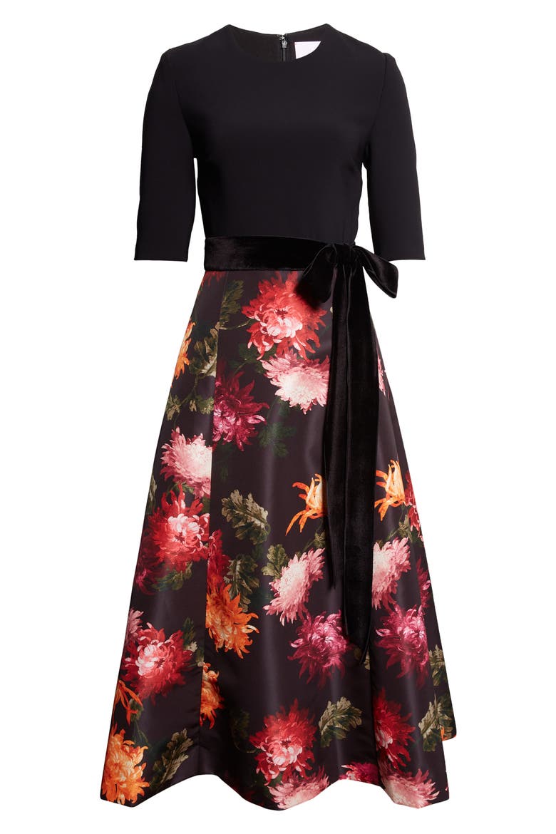 Chrysanthemum Print Crepe, Velvet & Faille Fit & Flare Midi Dress, Alternate, color, BLACK MULTI
