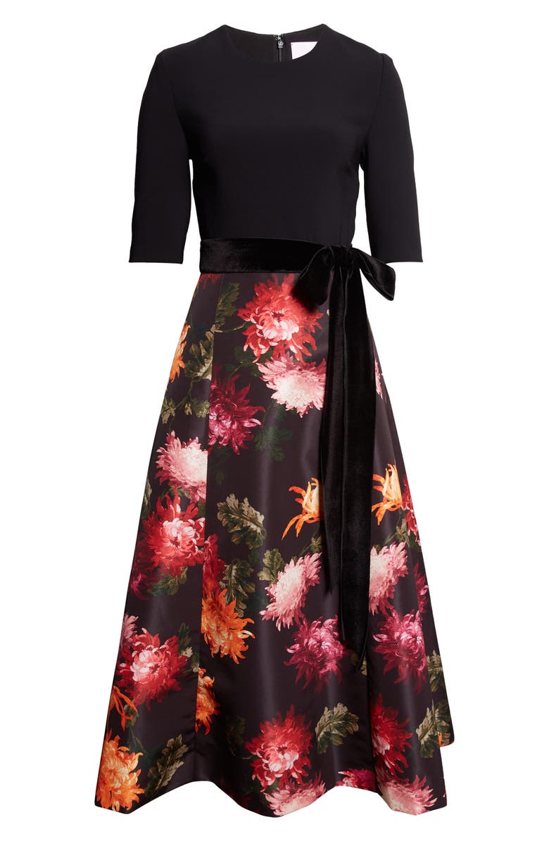 Carolina Herrera Chrysanthemum Print Crepe, Velvet & Faille Fit & Flare Midi Dress, Alternate, color, Black Multi
