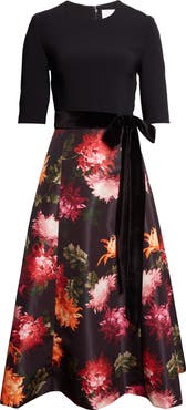 Carolina Herrera Chrysanthemum Print Crepe, Velvet & Faille Fit & Flare Midi Dress